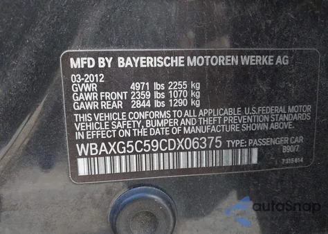 2012 BMW 528I z USA, uszkodzony, nr VIN WBAXG5C59CDX06375